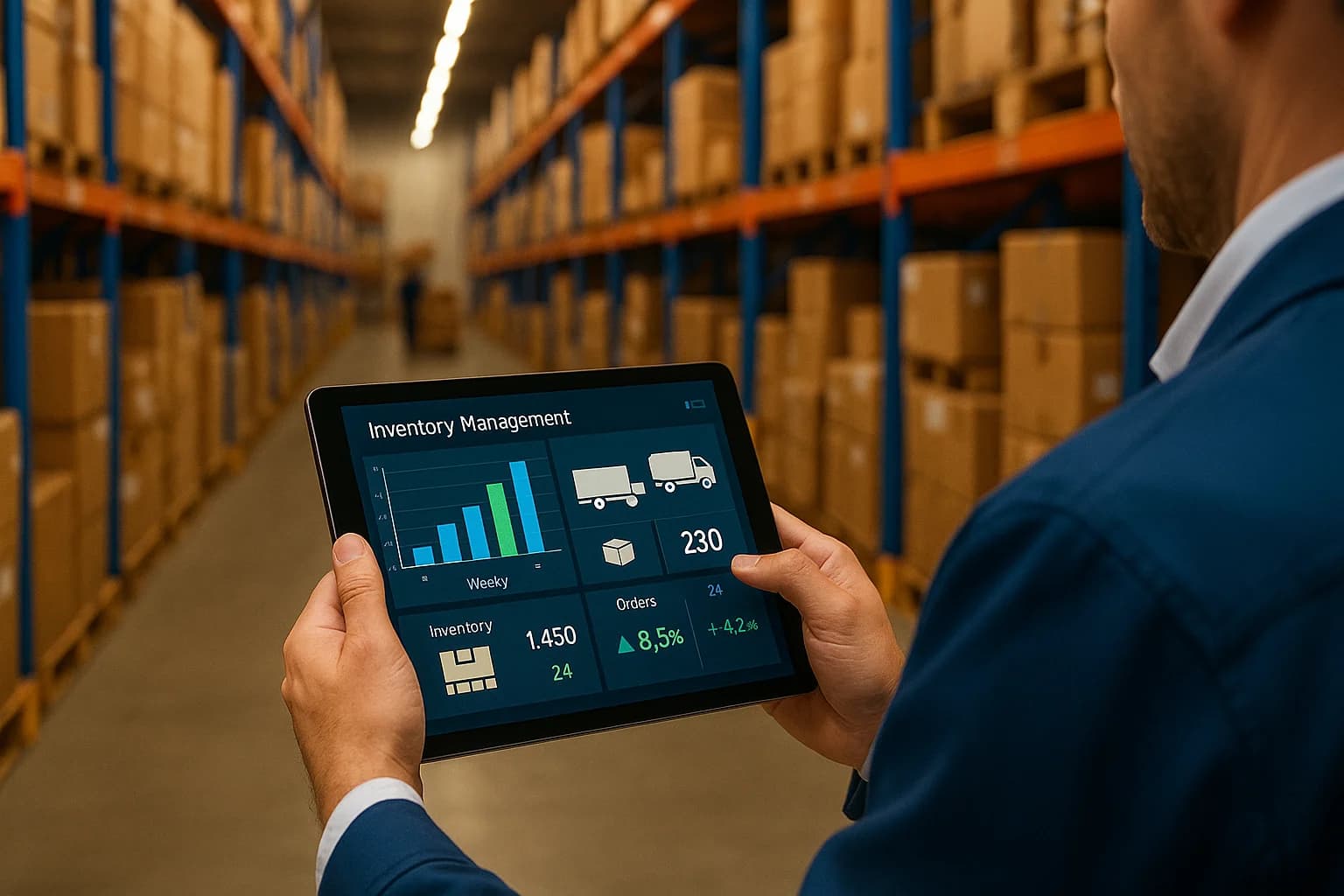Warehouse associate using a tablet in a retail fulfillment center