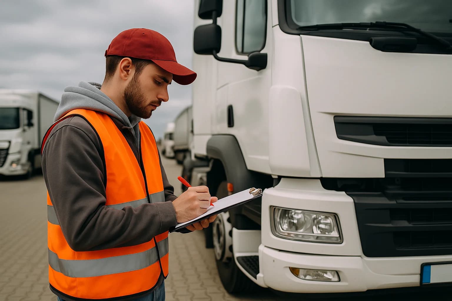 Logistics worker using a tablet near a fleet of trucks